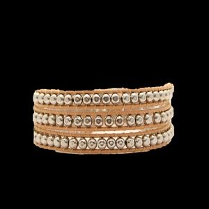 Hammered Metal 3 Wrap Bracelet Natural Leather NWT